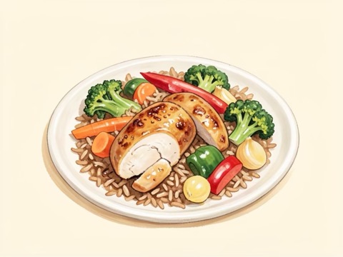 Illustration of Brown Rice with Sizzling Chicken and Vegetables